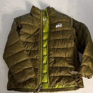 REI Kids' Puffer Jacket in Forest Green with Lime Accents